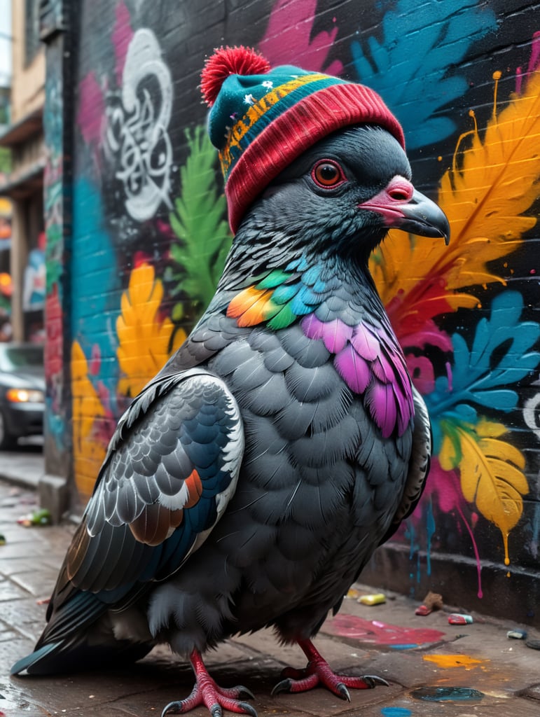 graffiti writer pigeon wearing a beannie with spraycan in in mexico city
