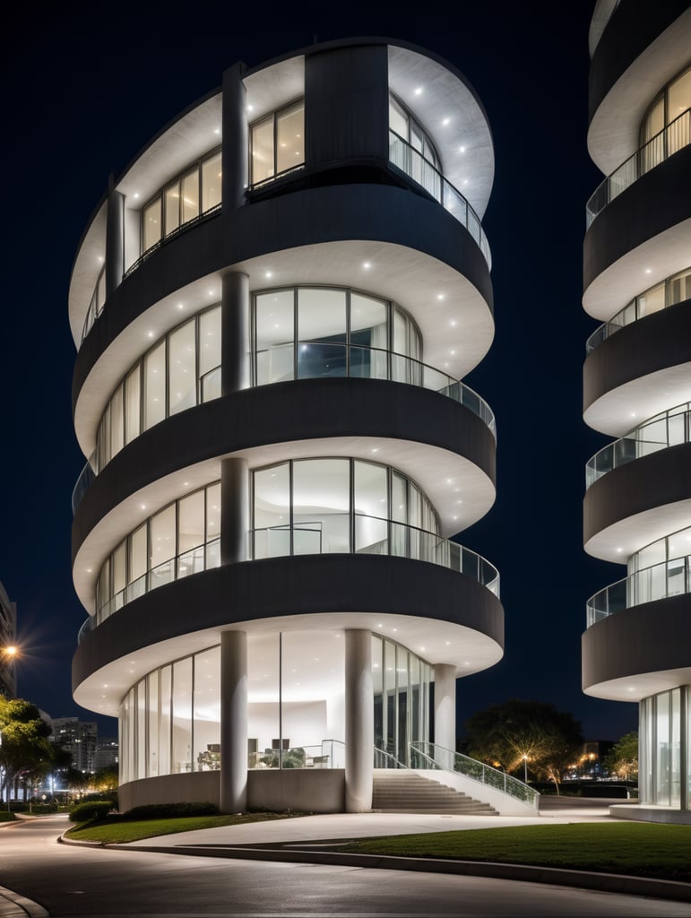 at night, white building with curved shapes in front, in the style of the stars art group (xing xing), women designers, eclectic curatorial style, sculptural costumes, concrete, urban influences, flowing fabrics