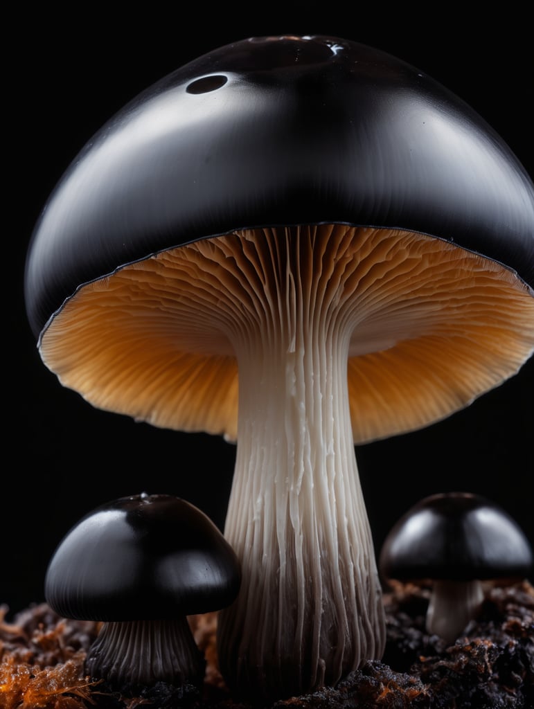 Macro photo of a black translucent alien mushroom, isolated, black background