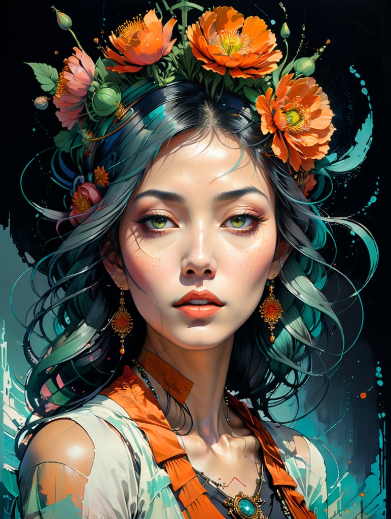 Hiroshi Nagai, ultrafine detailed painting of a woman with a n opium poppy flower in her hair, whimsical, detailed painting