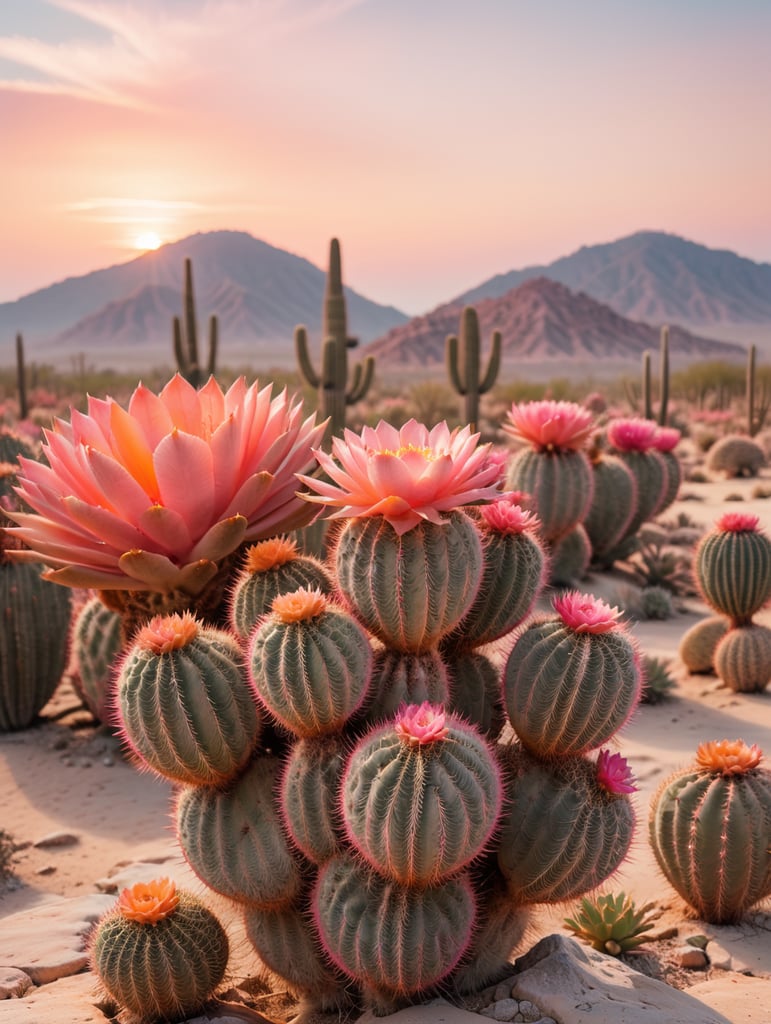 pink cactus in desert with an orange sky, highly detailed, 8k, futuristic, photography