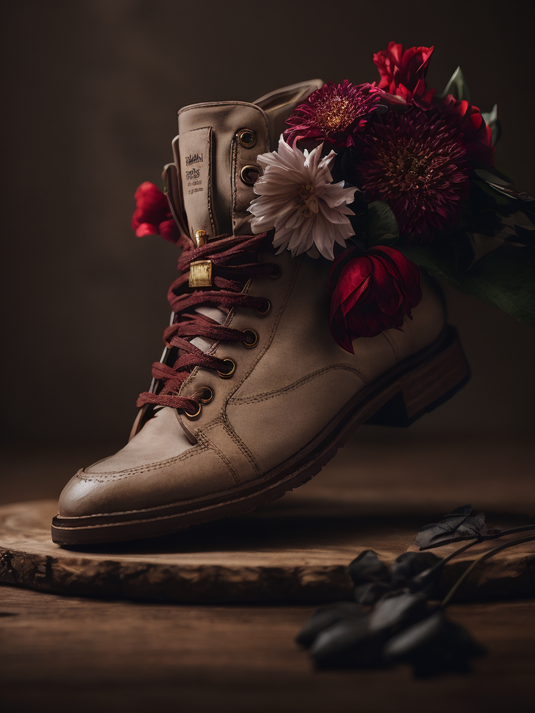 realistic photo of shoes with flowers, deep atmosphere, dark, saturation, vibrance, sharp on details