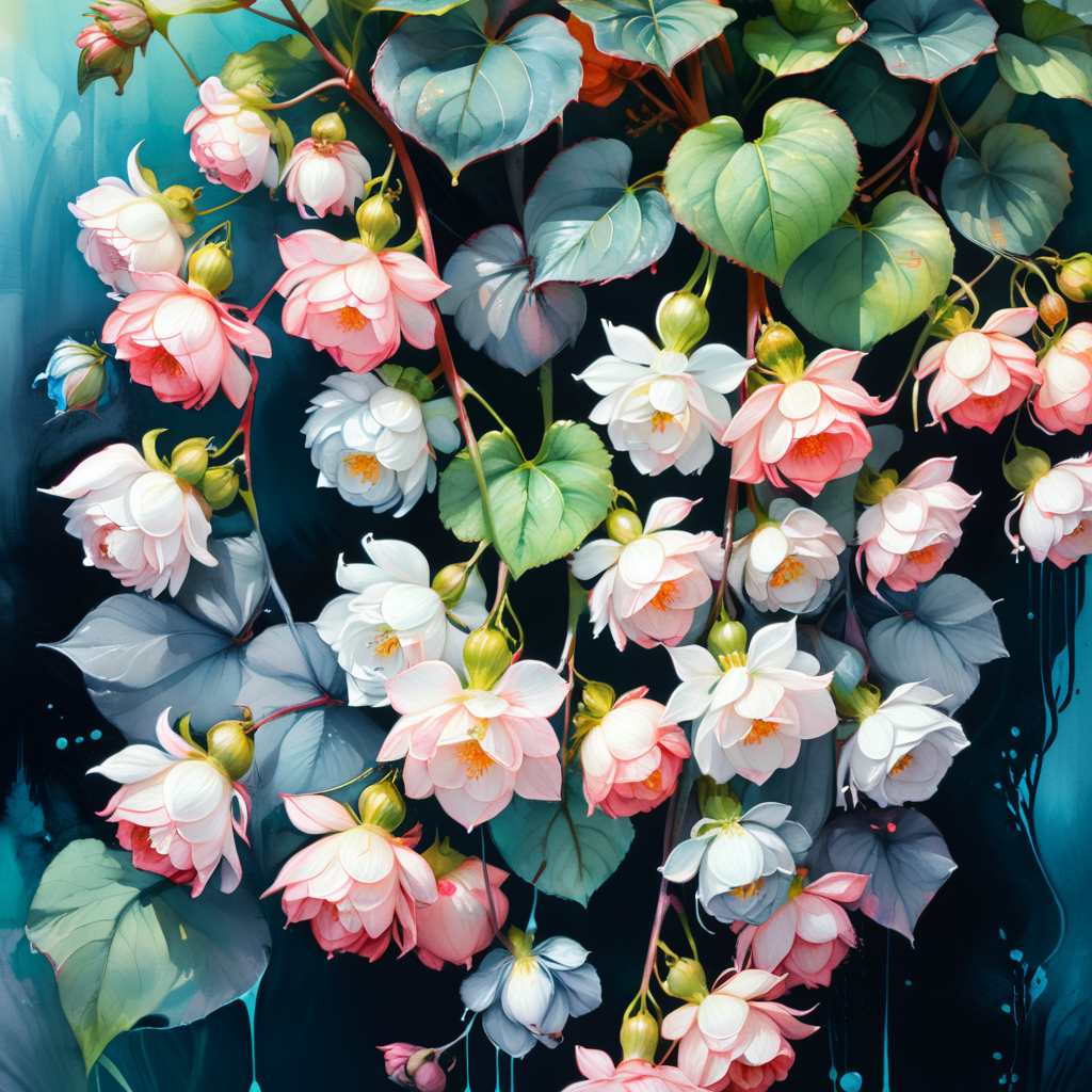 Abstract painting of floral design begonia white pink mix flower bulbs, blue and grey watercolor effect on full White background, Elegant, Botanical, Bright, Blooming, Decorative, Colorful, Gorgeous, Attractive, Delightful, professional artistic, masterpiece