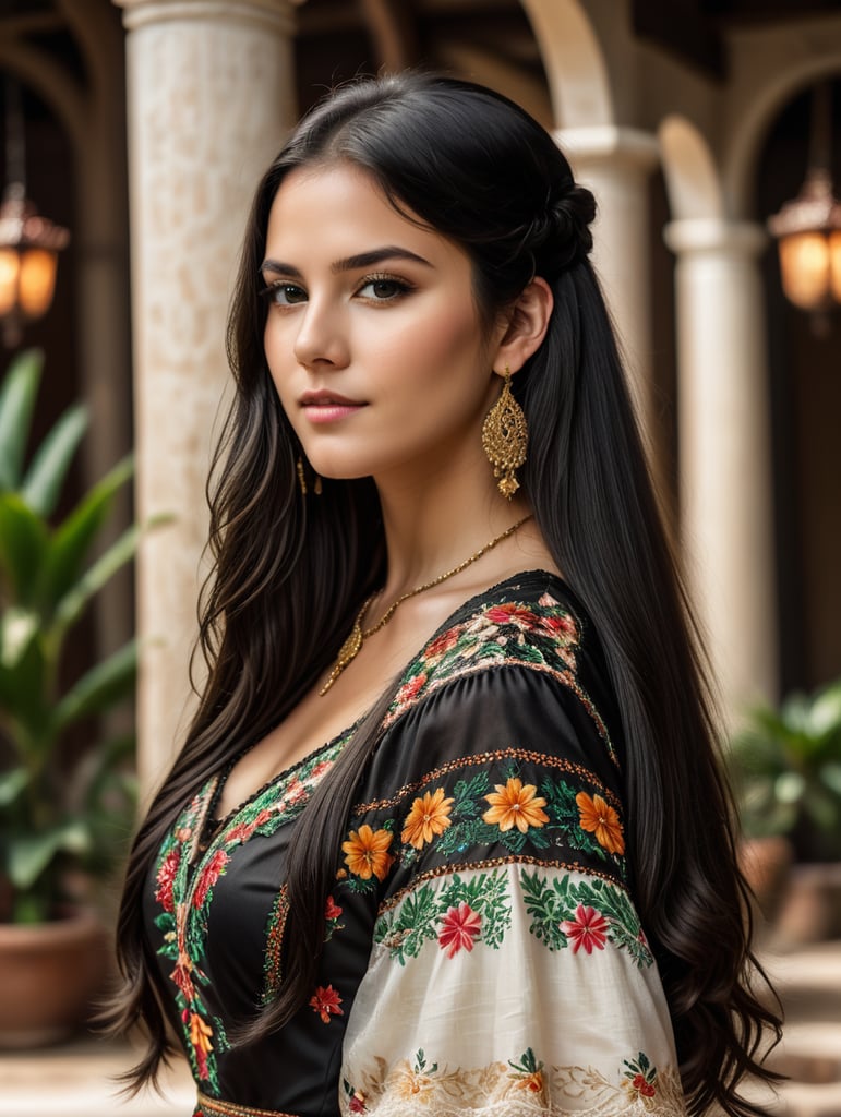 uma linda garota branca com cabelos lisos compridos e pretos ela veste um lindo vestido em um ambiente mexicanos