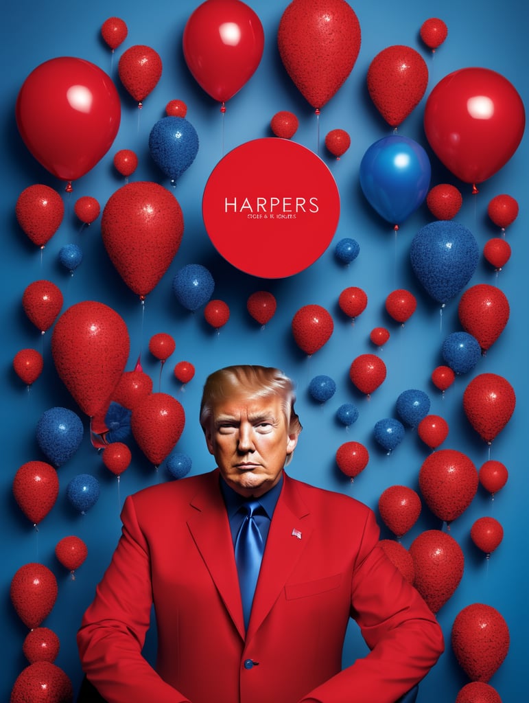 Donald Trump, avant-garde, simplygo, photoshoot spread, dressed in all red, blue background, harpers bizarre, cover, headshot, hyper realistic