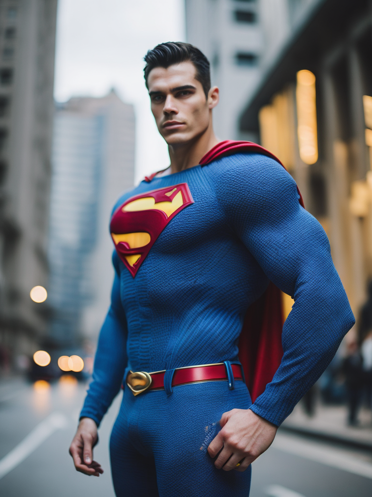 Portrait of a superman in a knitted suit, a blue suit with a red and yellow superman logo on the chest, a city in the background, a blurred background, professional shot, bright saturated colors, sharp focus, highly detailed