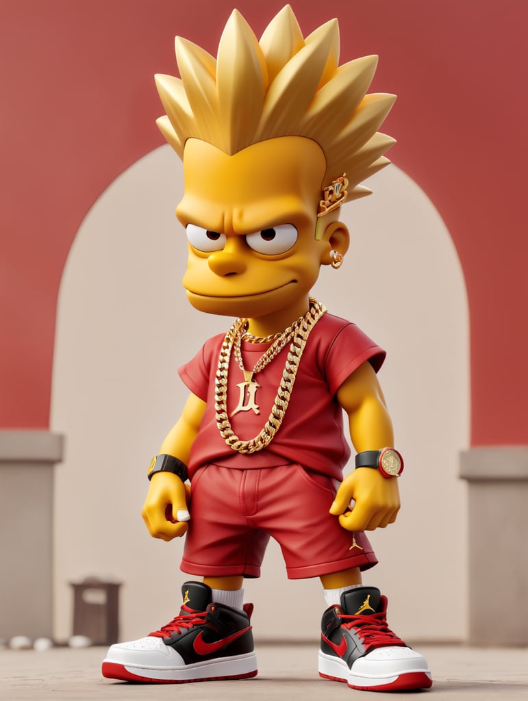 thug bart simpson wearing gold chains, gold grill, and new red and white Jordan #12 shoes