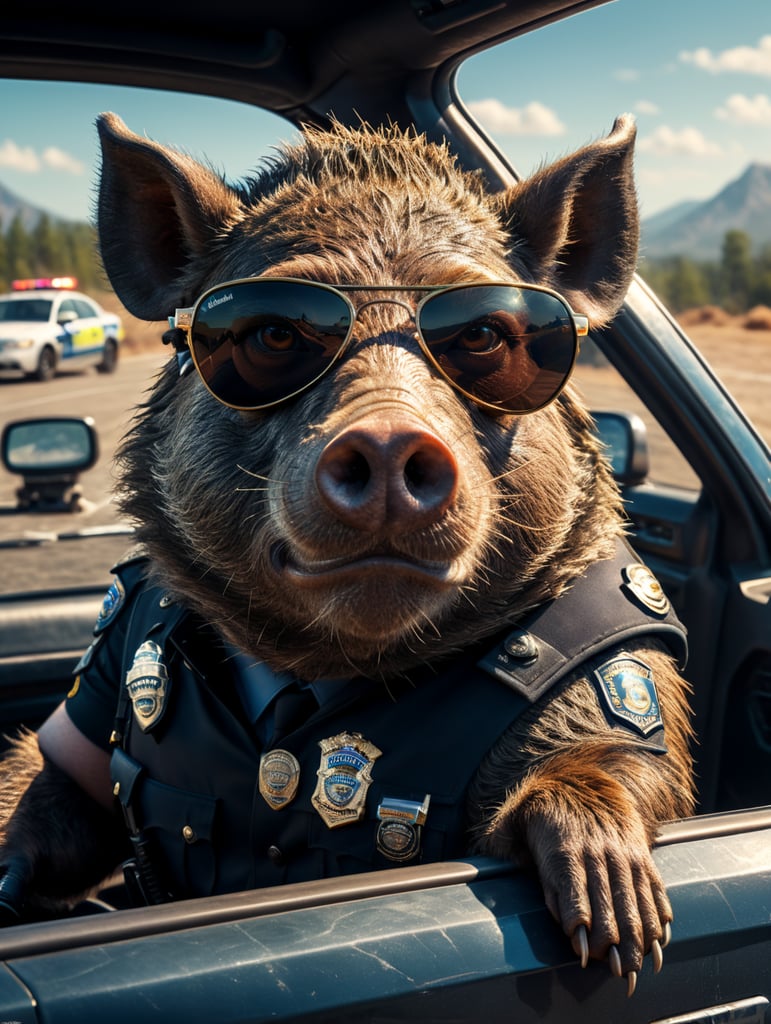 A wild boar police officer, sitting behind the wheel of a police car, close-up shot, sunglasses, clipart, stock photo