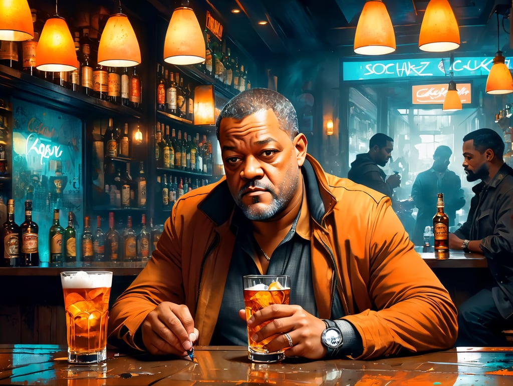 laurence fishburne down on his luck drinking scotch in a sleazy bar