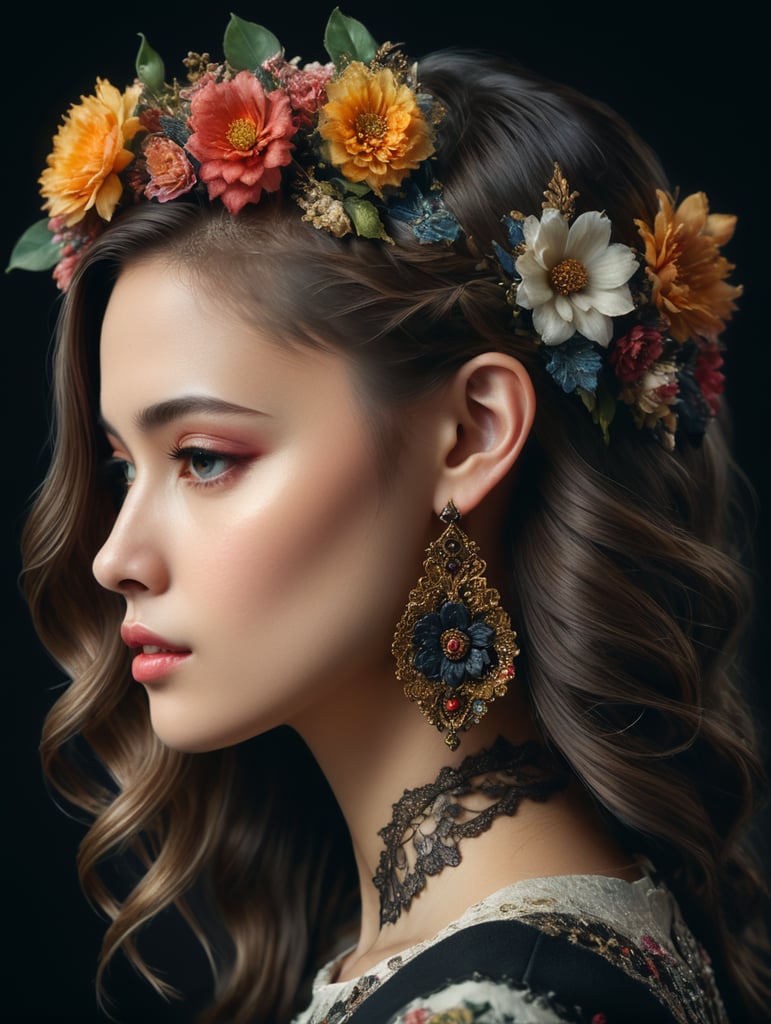 fashion editorial, floral edition,analog fashion portrait, fashion photo of a portrait of a girl in profile with an open ear