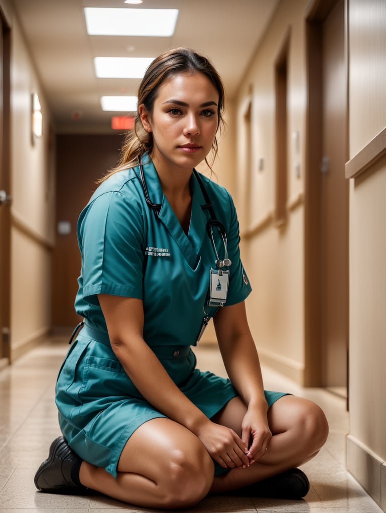 Portrait of a female working nurse, sitting on the floor in the hallway, sad face, sad colors and atmosphere, the light from the window illuminates her face, low angle photo