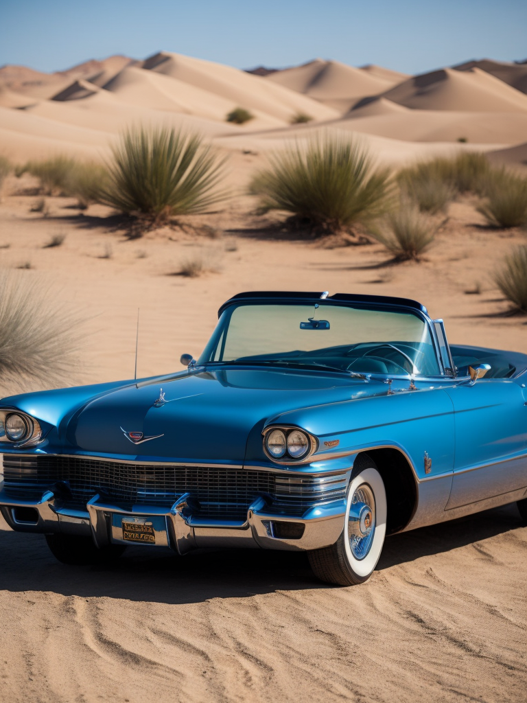 Blue cadillac eldorado 1959 in the desert, dunes on the background, Sunny day, Bright and rich colors, Detailed image