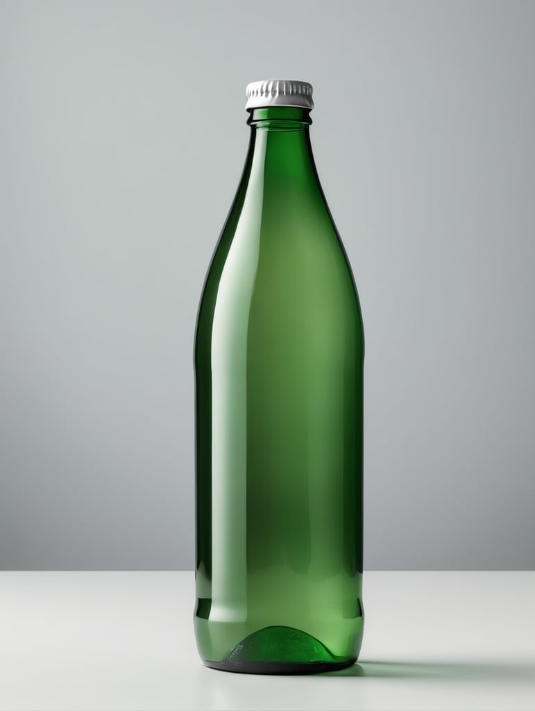 Green glass bottle with mineral water mockup, no label, isolated, grey background