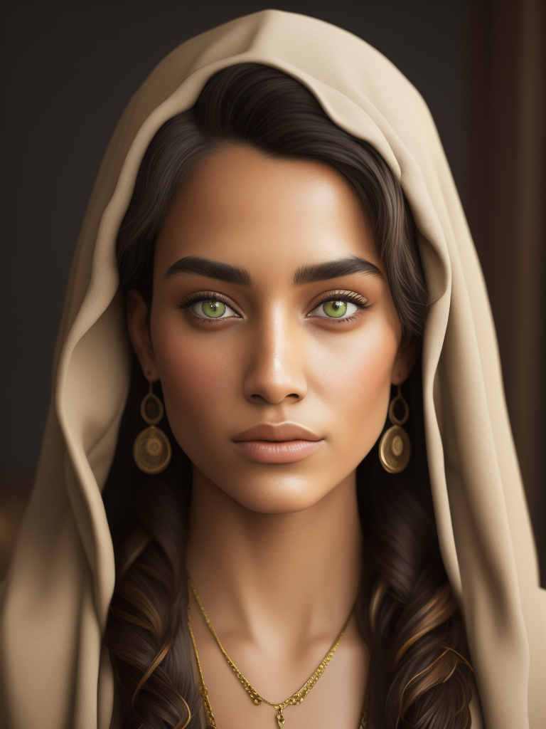 a photorealistic image of Mary from the Bible, green eyes, olive skin, tanned, extremely detailed, realistic face, natural skin texture, extremely detailed skin with skin pores, peach fuzz, wearing linen clothes, Israeli beauty, award winning photo, nikon d850 film archival photography, kodak portra 400 camera f1.6 lens, extremely detailed, amazing, fine details, rich color, texture hyper realistic, spectacular lighting, unreal engine, trending on artstation, looking at viewer, realistic photo, RAW photo, high quality, high resolution, sharp