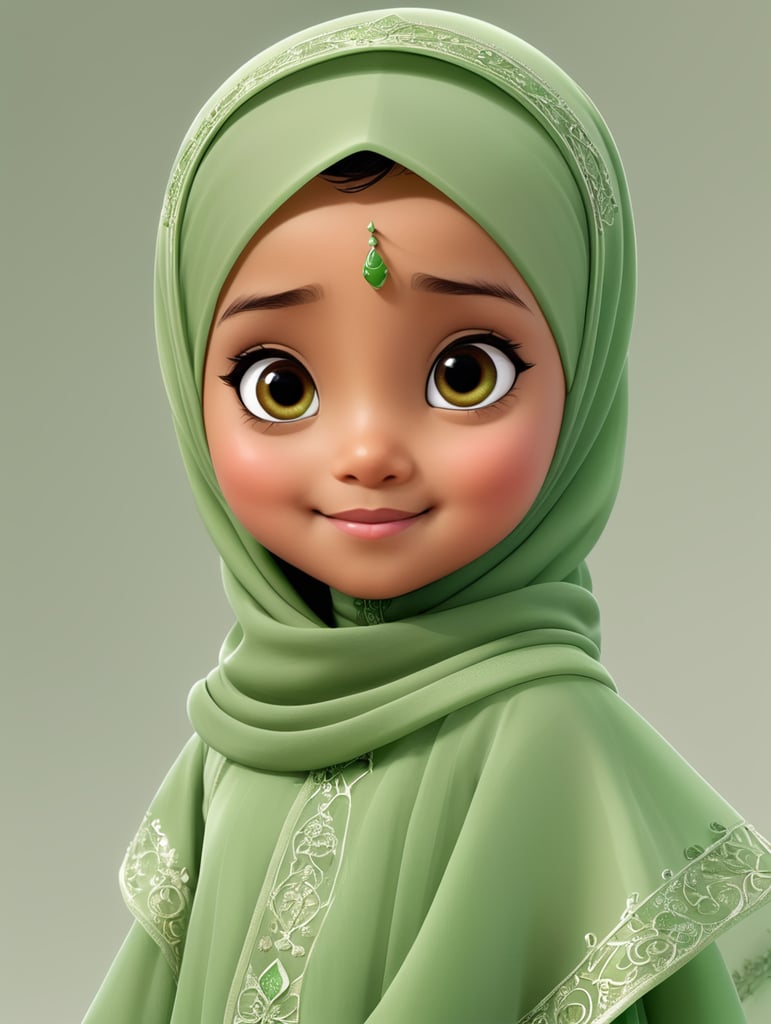 an islamic seven year old little girl wearing a sage green hijab with a transparent background