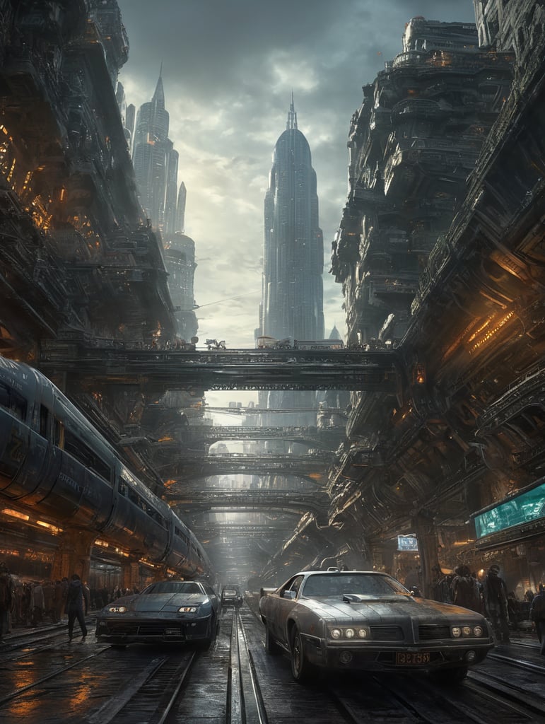 future city, cars, people, buildings, train,