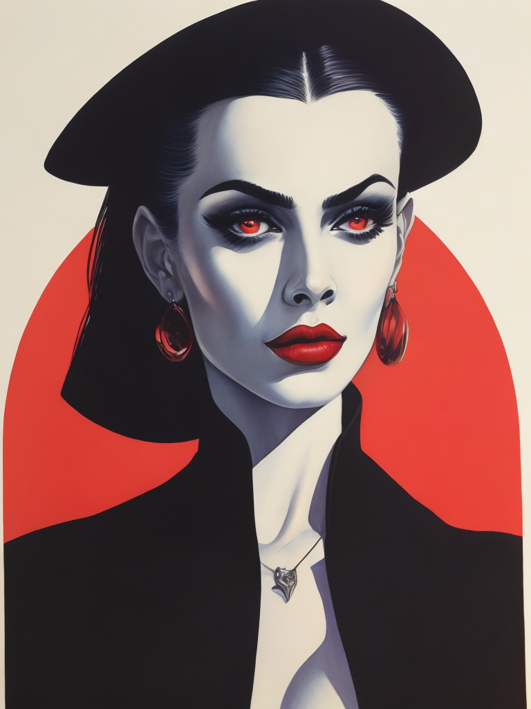 Vampira, alluring, Chicano goth, femme fatalle, stunning vampiress, evil eyes, hypnotic gaze, sheer Gothic attire, watercolored pencil on arches paper by Tamara de Lempicka and David Hockney, riso printing, dots