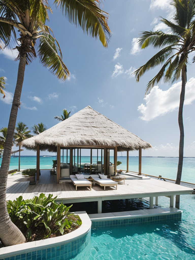 Over water villa in the maledives with the sun shining and some palms