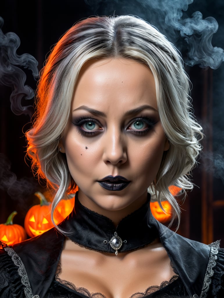 Photo of a hot and young Kaley Cuoco dressed as Wednesday from the Adams Family, halloween costume, grim atmosphere, smoke, Halloween, spookey, neon