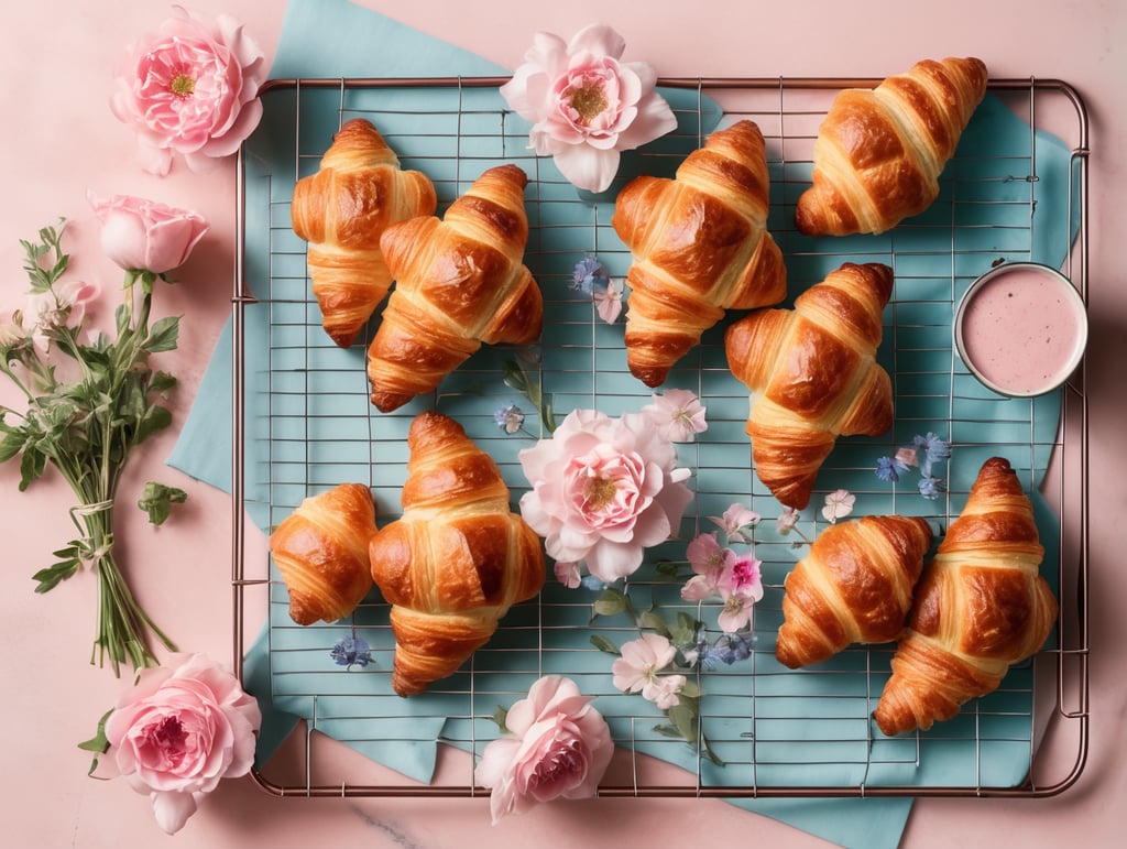 Cookbook photo, top - view, wire cooling rack, croissants, with a floral, allow, banner, pink and pastel blue, farmcore