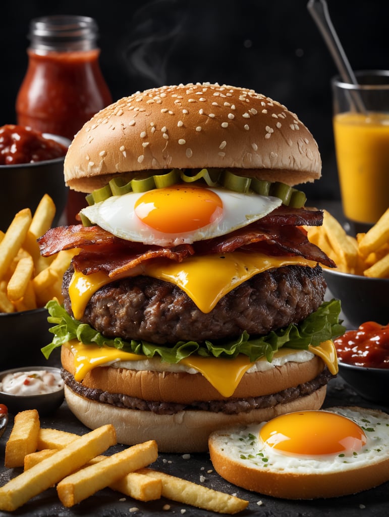 high quality cinematic food explosion hamburger with egg bacon cheese pickles ketchup fries