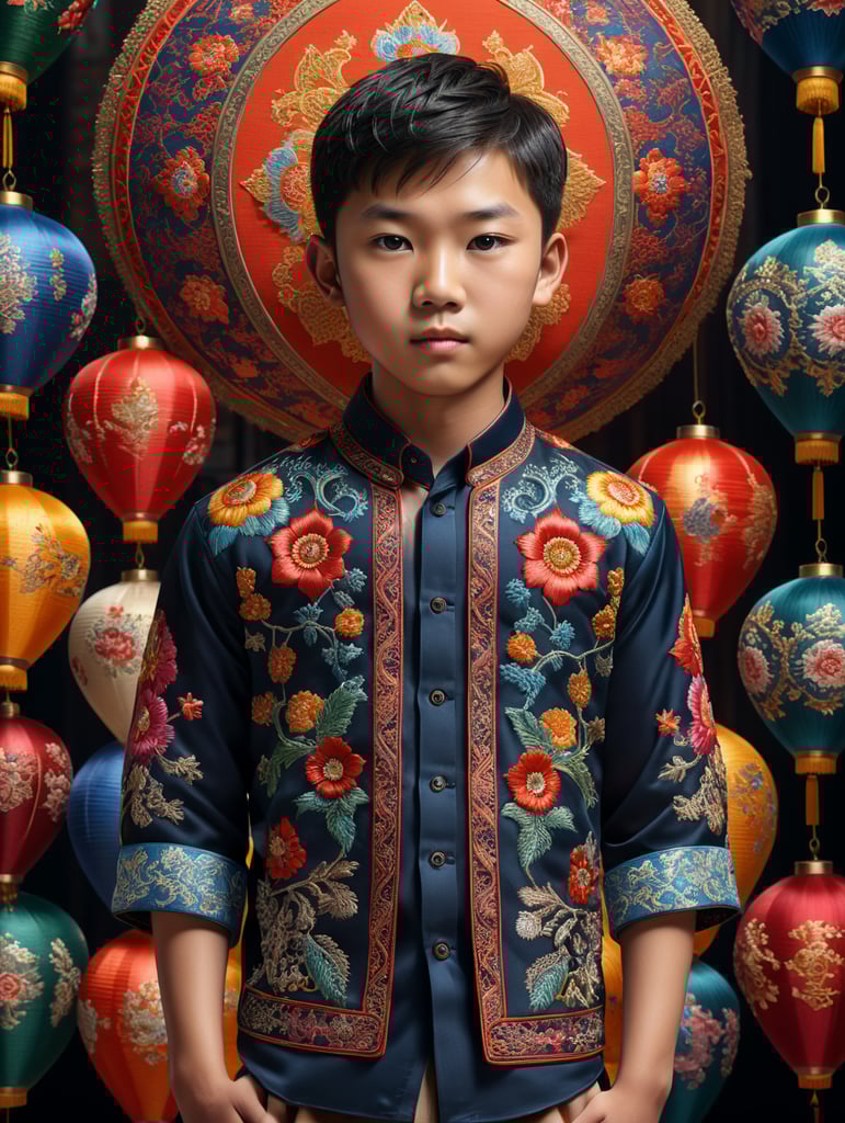 A young Chinese boy stands proudly in his traditional embroidered shirt, surrounded by vibrant colors and intricate patterns. The 8K Ultra HD resolution captures every detail of his outfit, from the delicate stitching to the rich textures. With the use of octane render, this 3D image comes to life in a stunning isometric view.