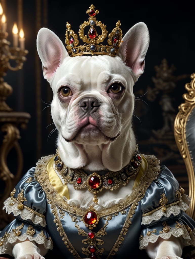 Направи аристократично бароково изображение на сив женски френски булдог, облечен в барокова рокля, с барокова корона