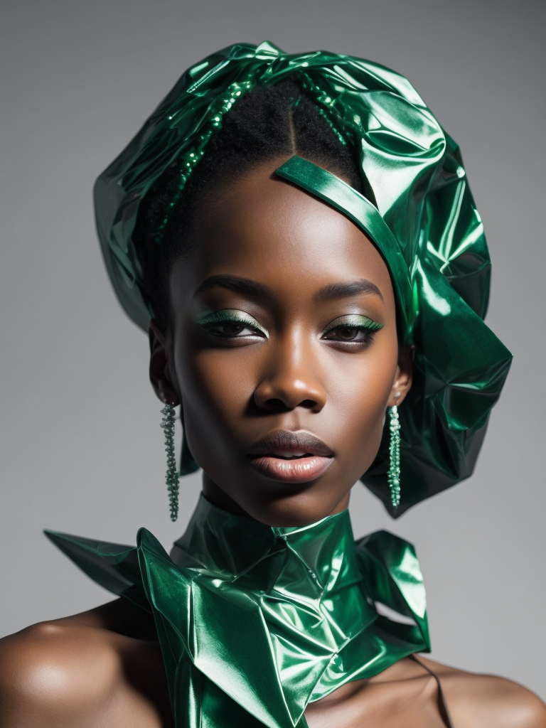 Resolute ebony woman model, gazing diagonally, adorned in extravagant and avant-garde attire, featuring plastic and latex elements, abstract forms, asymmetrical techno embellishments, dominant green hue, 4k resolution, medium frame, cinematic capture, reminiscent of Iris van Herpen aesthetics.