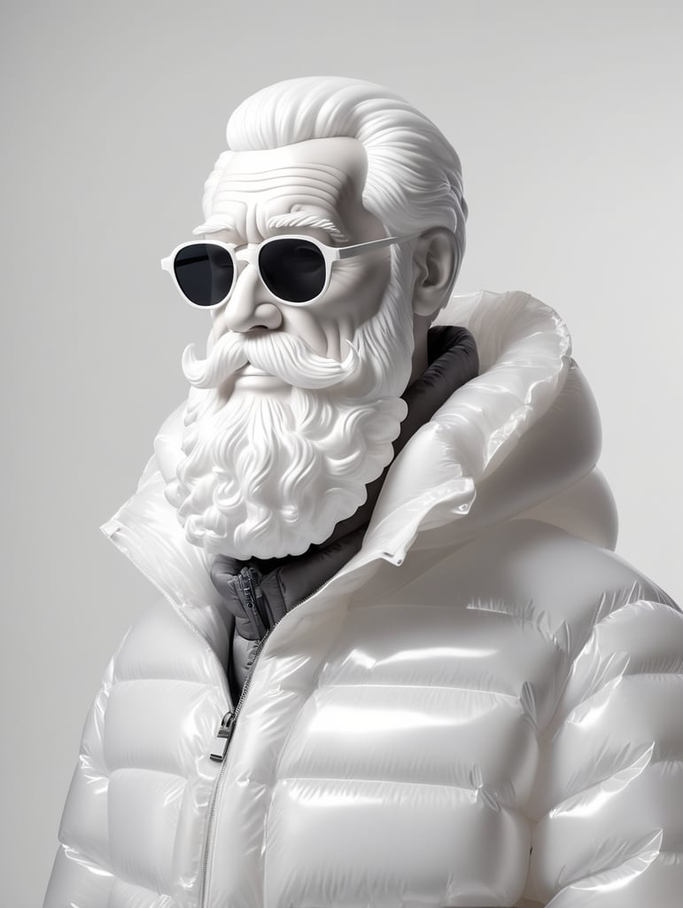 Inflatable white minimalist old man with beard puffer jacket, transparent, isolated, grey background, mockup