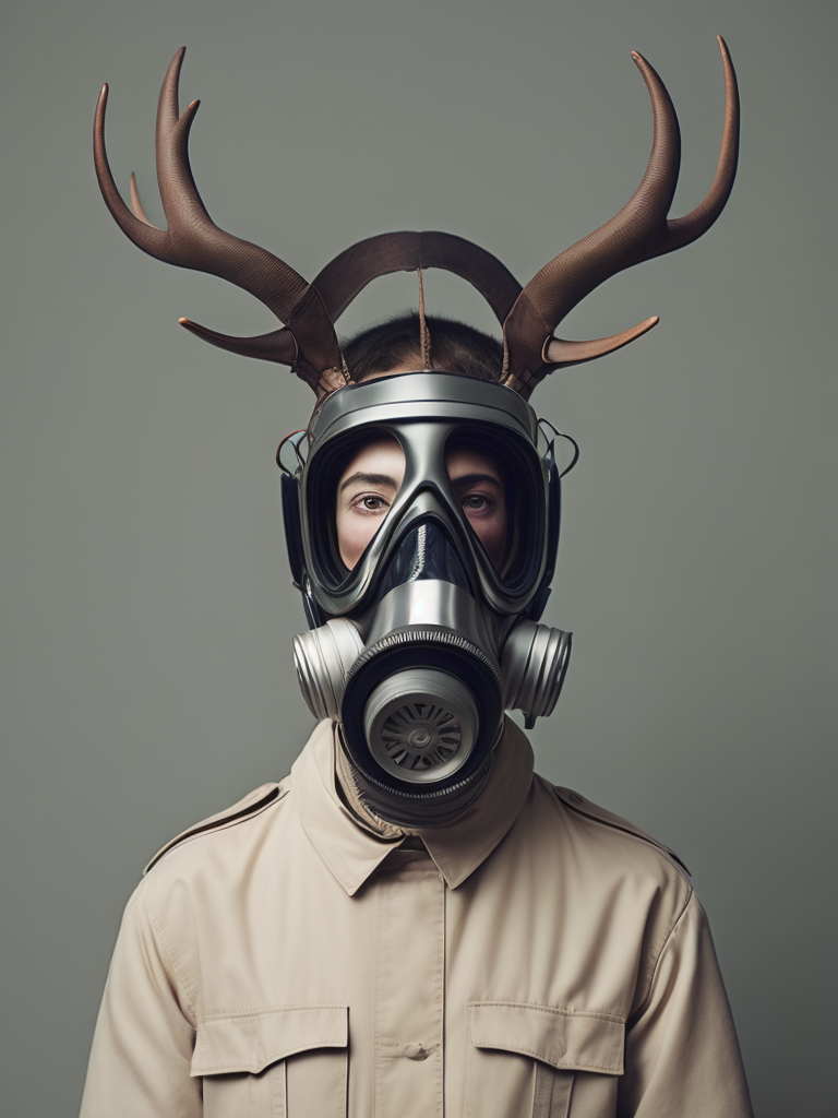 suit wearing people wearing gasmask and 12-point stag deer antlers protruding from the head : the mouth of the gas mask face is connecting to a respirator hose, postmodernist government archive portrait stanley kubrik wes anderson