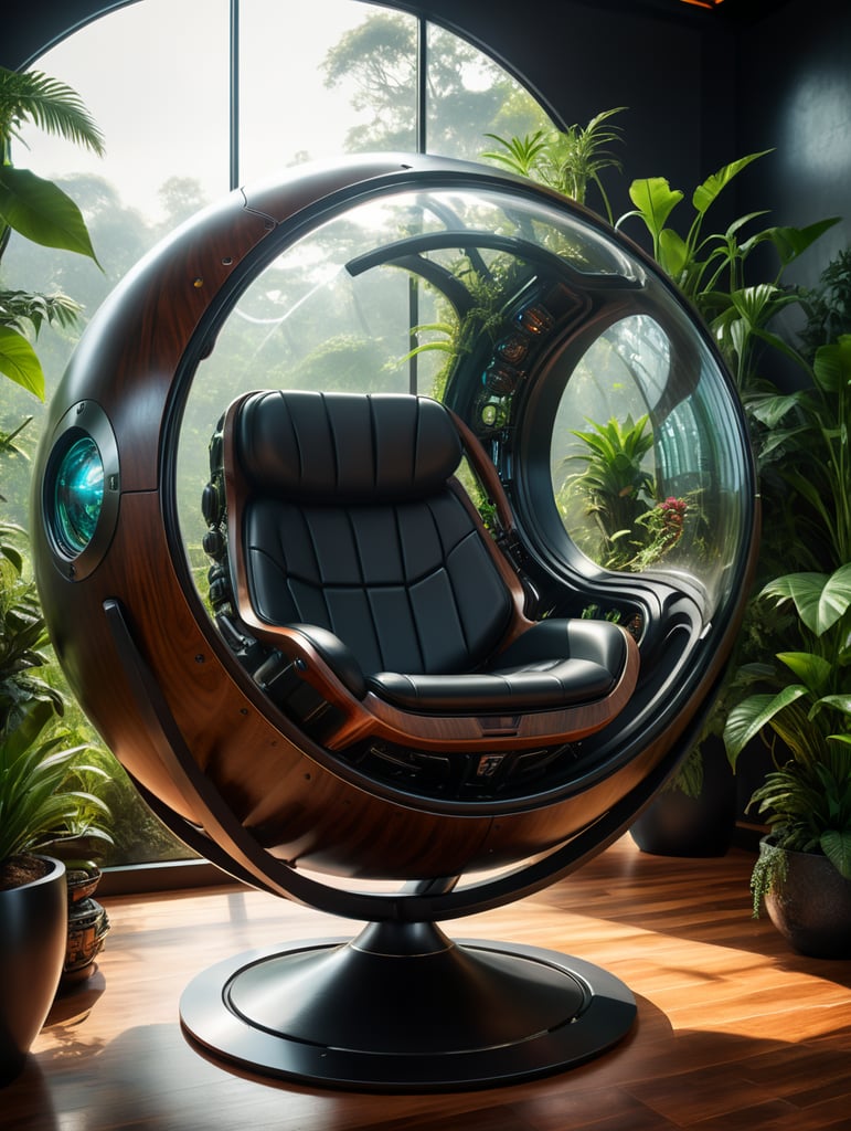 Futuristic sci-fi pod chair, flat design, product-view, exclusive photography, transparent orb, natural lighting, plants around, natural daytime lighting, natural wooden environment