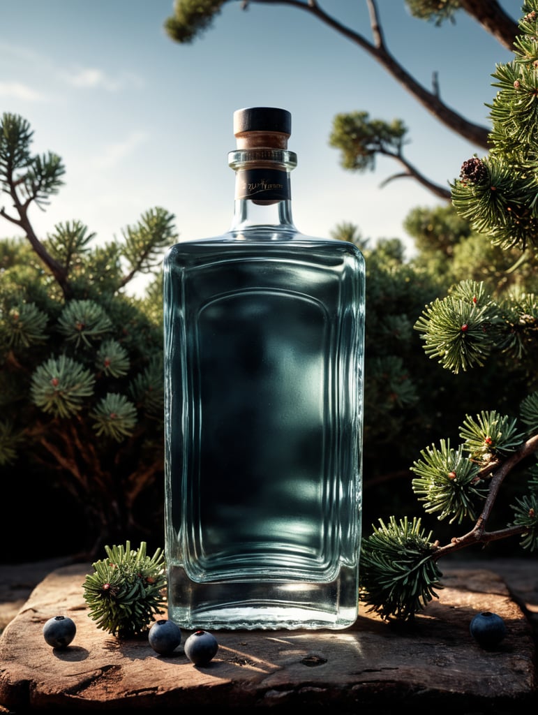 professional photography of a square gin bottle, square bottle, surrounding a juniper and juniper berries, one shot of gin in a front, no label, clear, mockup