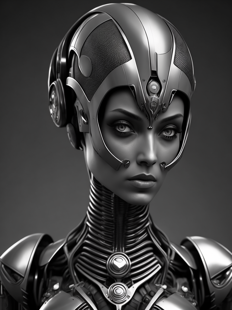 Female robot, Giger style, black and white, high contrast, metal face, many details, slim, stylized body