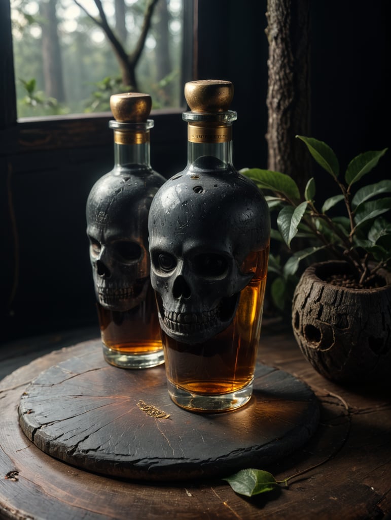 Quiero hacer una botella de tequila ancestral de cerámica de 700 ml. Con un tapón de metal dorado. Sobre una mesa de madera deben colocarse una botella y unas ramas de arbol . Queremos que la marca sea fiel al antiguo estilo prehispanico.