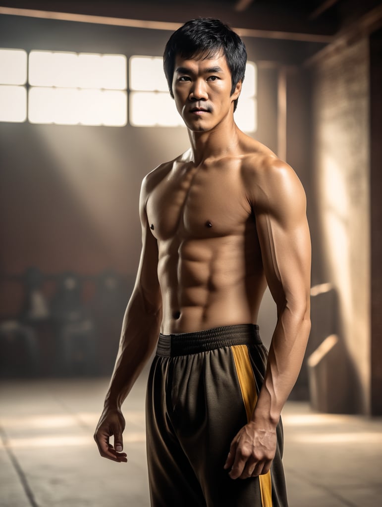 Bruce Lee standing looking at camera