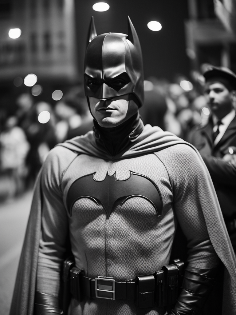 batman arrested by police in 1954, candid photo, in the style of weegee