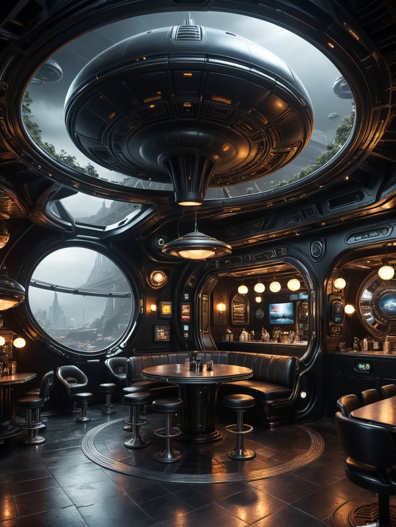 Futuristic interior of UFO cafe. Alien interior, black tones