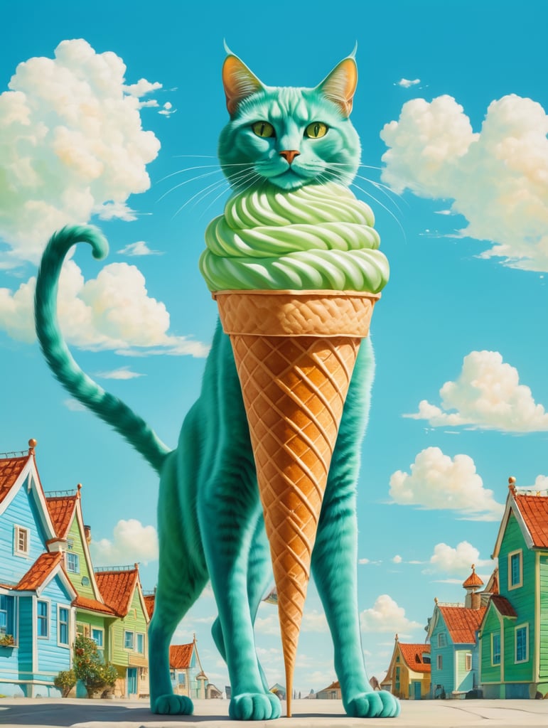 Green cats with very long thin legs. Houses the back of the cats and ice cream cones Painted in the style of Salvador Dali. Blue sky.