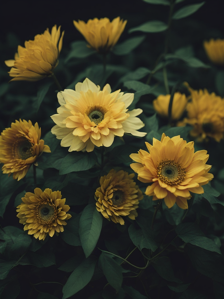 yellow flowers, dark atmosphere, deep colors, clear details
