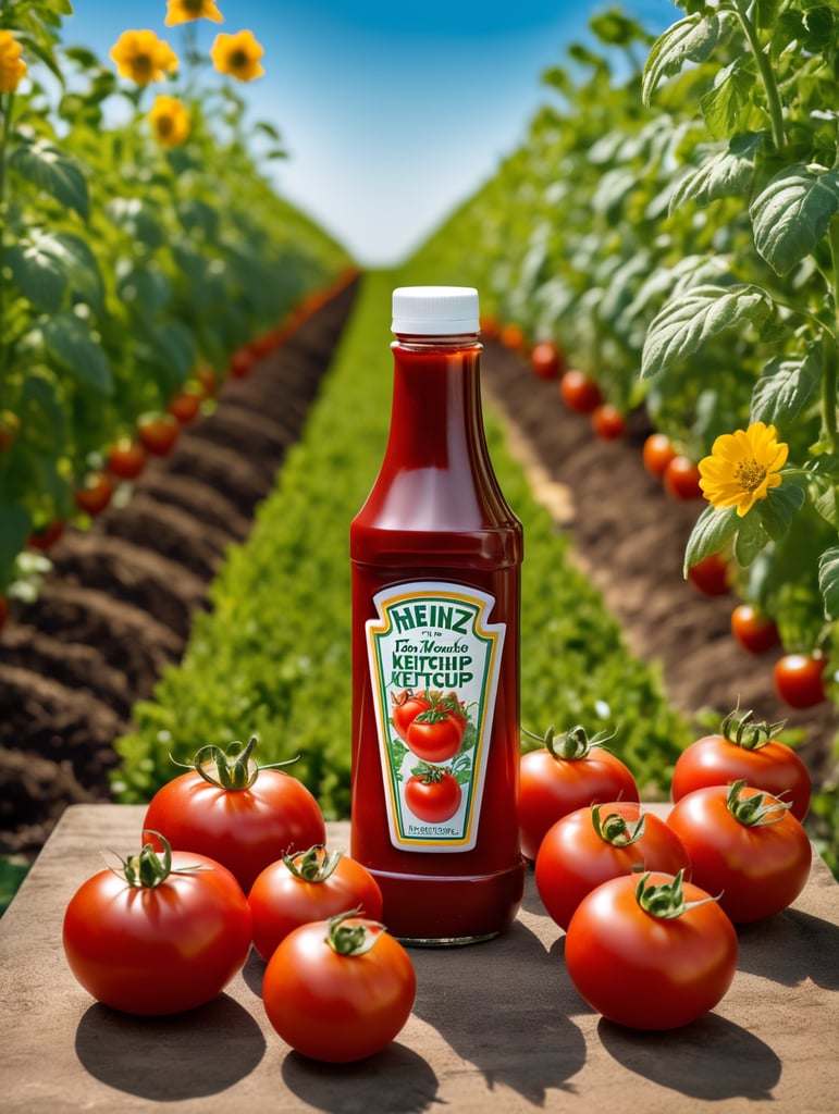 several red tomatoes stacked together forming a Heinz ketchup bottle with some leaves around it, beautiful tomato plantation in the background and a blue sky, short grass and yellow flower + yellow flowers + creamy light + ambient lighting + very beautiful colors