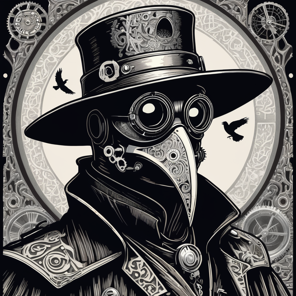 plague doctor black and white linocut detail steampunk
