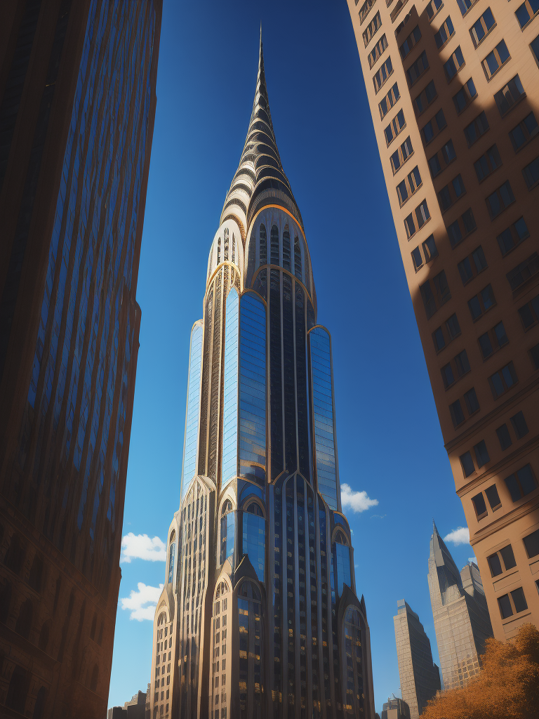 Chrysler Building, New York in the background, Blue sky, Vibrant colors, Deep colors, Contrast lighting, Sunny day, High detail, Sharp details