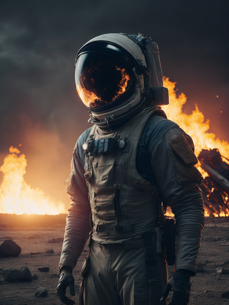 hyper-realistic, ultra-detailed of astronaut standing in the front of big fire explosions of the house in palestine, depth of field, sunlight fractal details, depth of field, HOF, hall of fame, apocalyptic environment, trending on Artstation, 64k, ultra-detailed, ultra-accurate detailed, surrealism, dark, dust, sparks, apocalypse