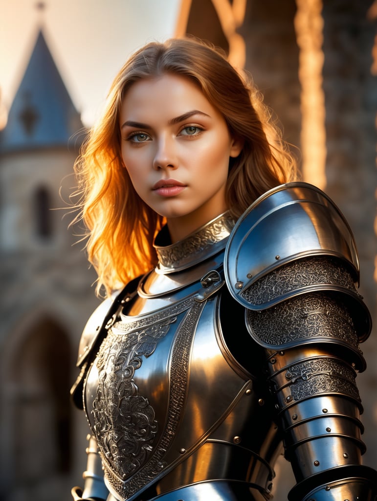 (masterpiece), (extremely intricate:1.3), (realistic photo:1.2), portrait of a girl, the most beautiful in the world, (medieval armor), (metal reflections:1.1), upper body, outdoors, intense sunlight, far away castle, professional photograph of a stunning woman detailed, sharp focus, dramatic, award winning, cinematic lighting, volumetrics dtx, (film grain, blurry background, blurry foreground, bokeh, depth of field, sunset, motion blur:1.3), chainmail