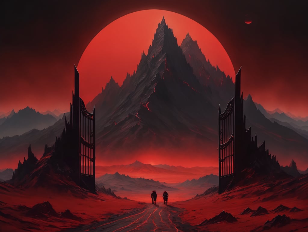 The gates of Hell stand open. Beyond them is a red wasteland, with black jagged mountains rising up to meet a black sky with a dark red sun.