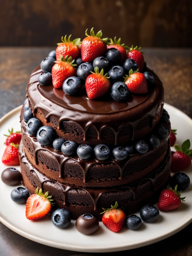Fudge cake with chocolate icing topped with berries 3 layer chocolate fudge cake with strawberries blue berries and raspberries