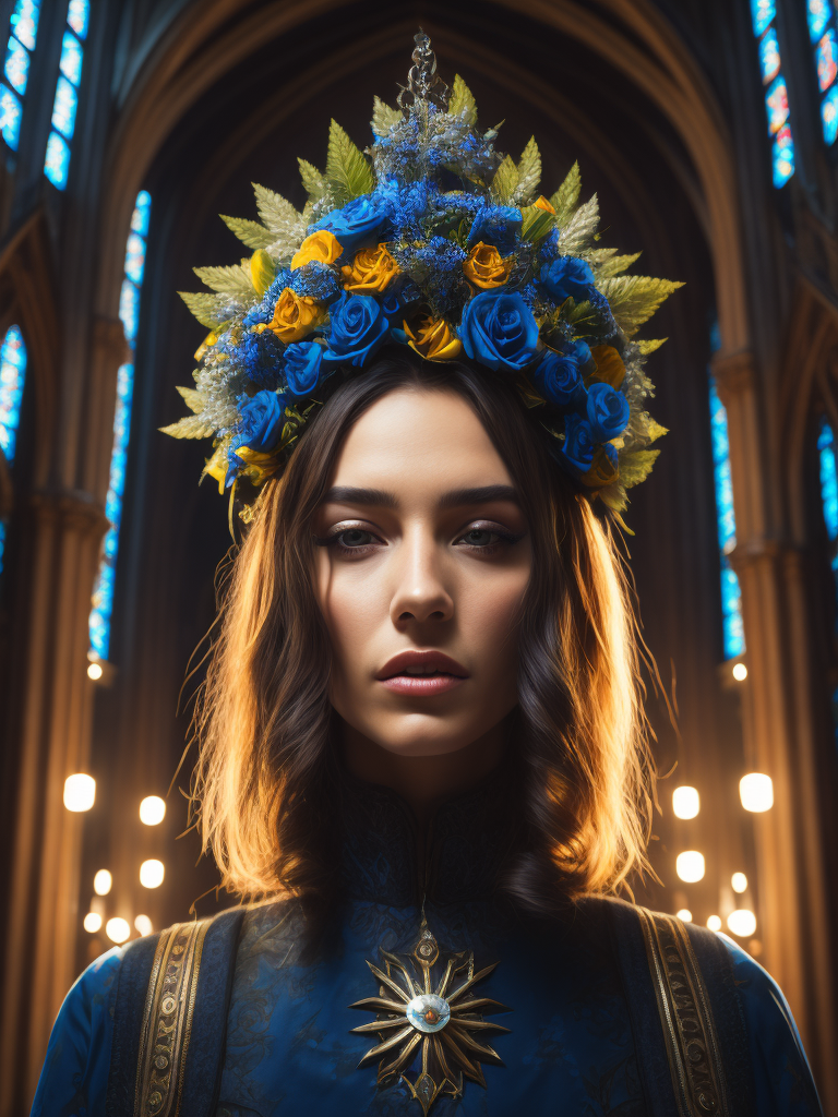 Portrait of a woman with a blue flowers crown, vogue, interior of a tall gothic cathedral, dramatic lighting, incredibly high detail, cyber punk, sun rays, saturated colors, symmetrical, crowd background, full depth of field, neon lights