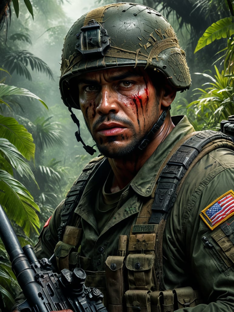 U.S Soldier, Jungle, stare, tired, blood.