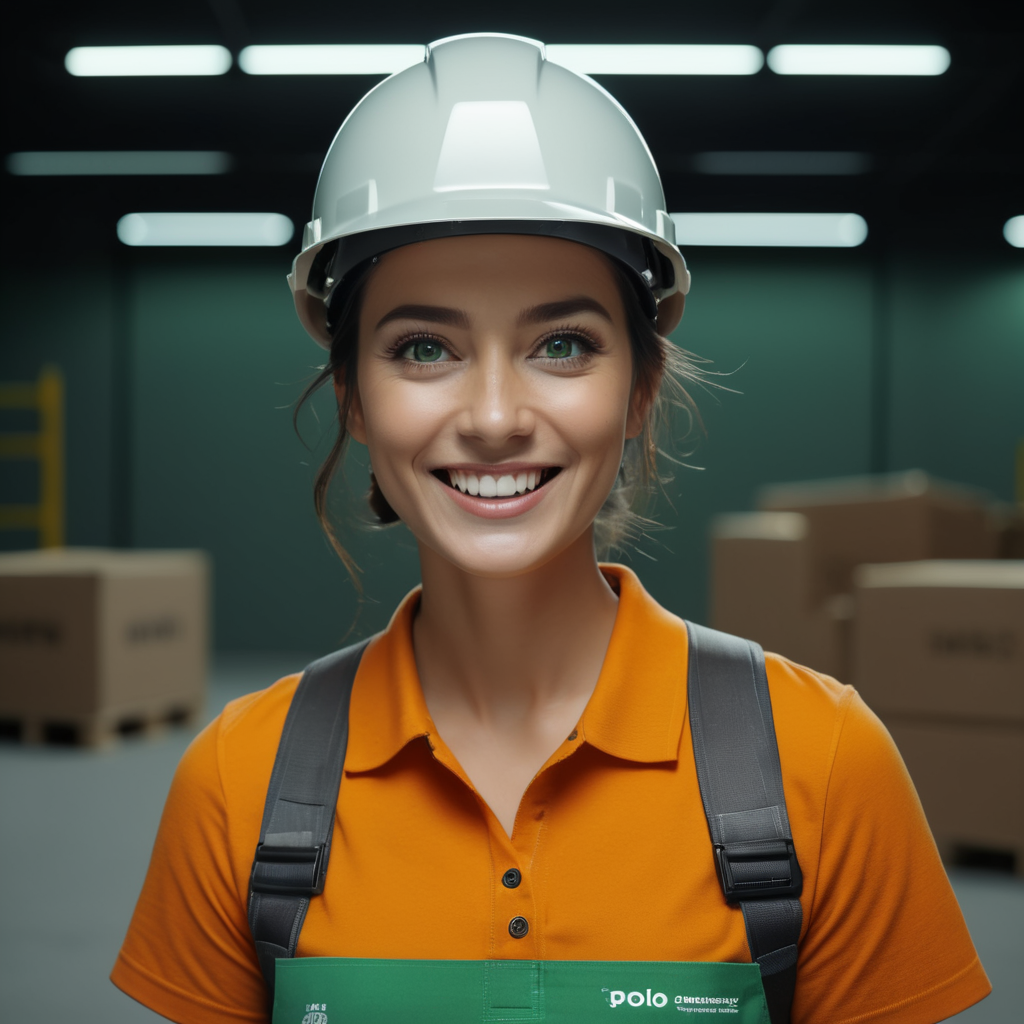 happy worker using construction helmet, polo tshirt color #FDB813, with a box on her hands smiling, green eyes, white background