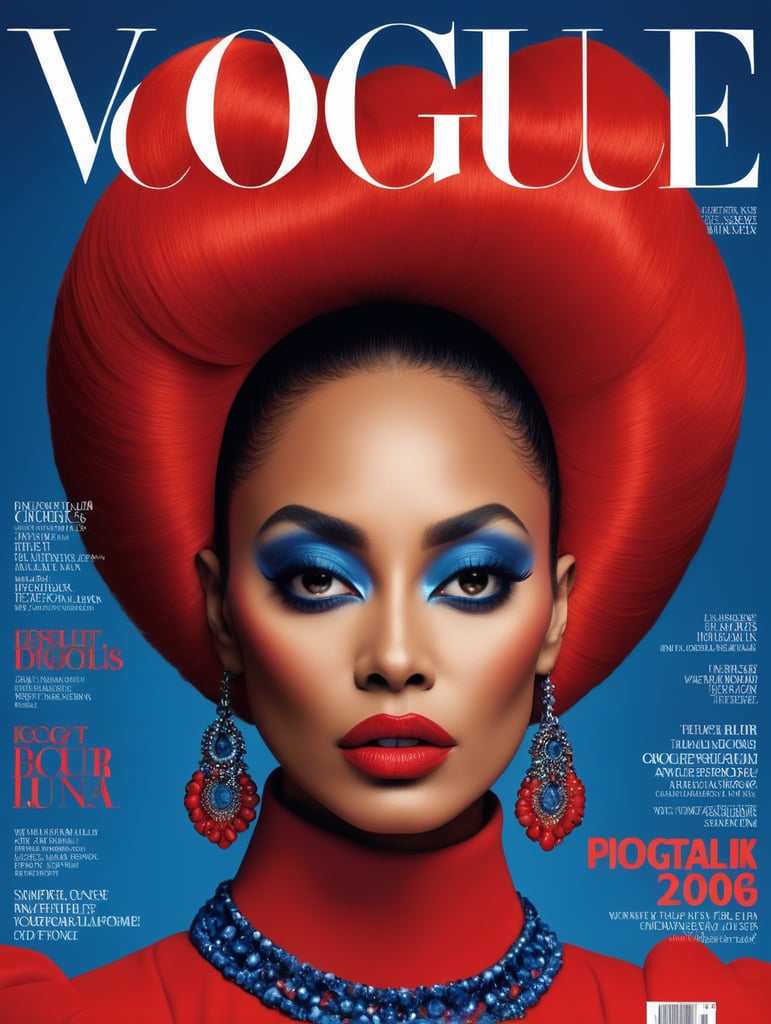 Vogue cover, Donyale luna, avant-garde, simplygo, photoshoot spread, dressed in all red, blue background, harpers bizarre, cover, headshot, hyper realistic